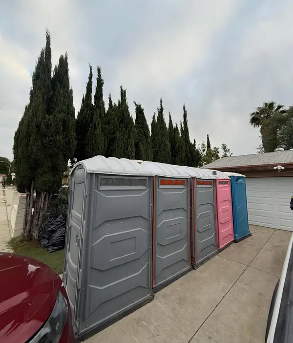 Row of clean gray, red, pink and blue portable toilets lined up for delivery